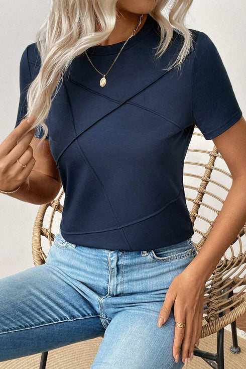 Modern Asymmetric Panel Geometric Seamed Short Sleeve Top